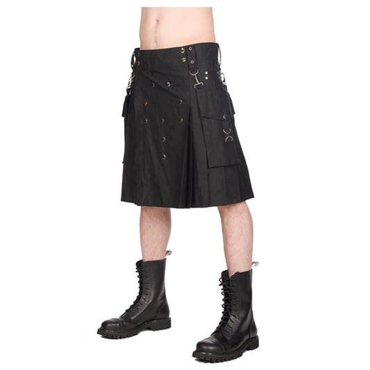 Men Union Pistol Snap Kilt | Black Cotton Punk Rock Skirt with Removable Festival Pockets