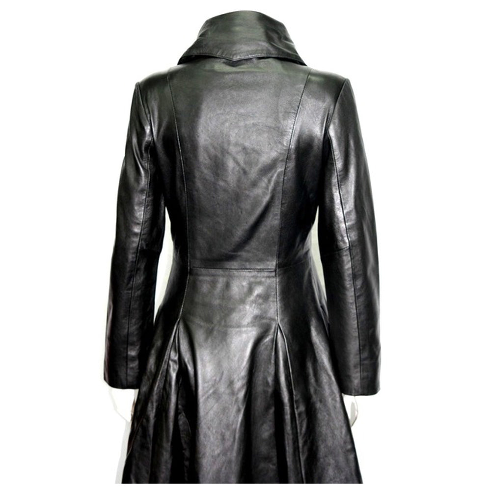 Gothic Attitude Women Full Length Midnight Black Leather Club Coat | Nappa Goth Long Jacket