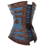 Women Corset Harnock Denim Overbust | Brown Faux Leather Steel Boned Corset