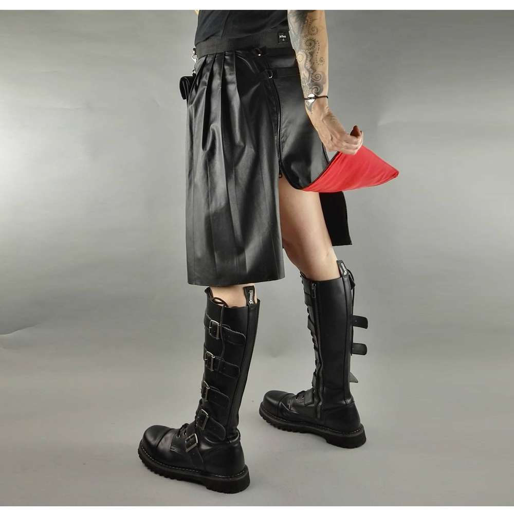 Men Gothic Black Leather Kilt | Steampunk Scottish Biker Style with Metal Hardware