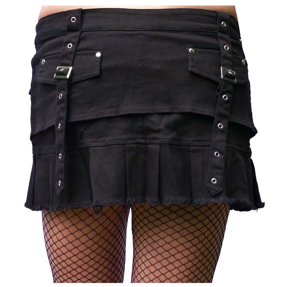Women Gothic Black Mini Skirt with Eyelet Strap & Pocket Detail | Alternative Punk Emo Style Skirt