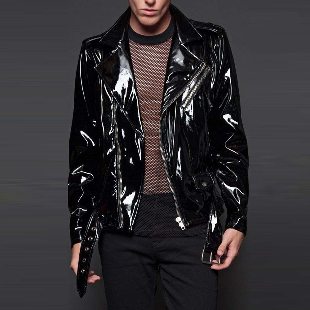 Men Gothic Vinyl PVC Motorcycle Jacket | Shiny Black Biker Style with Zipper Details