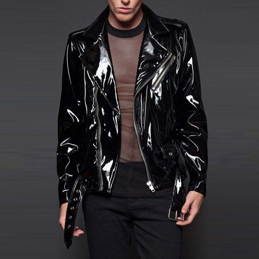 Men Gothic Vinyl PVC Motorcycle Jacket | Shiny Black Biker Style with Zipper Details