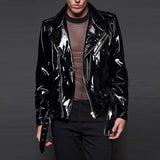 Men Gothic Vinyl PVC Motorcycle Jacket | Shiny Black Biker Style with Zipper Details