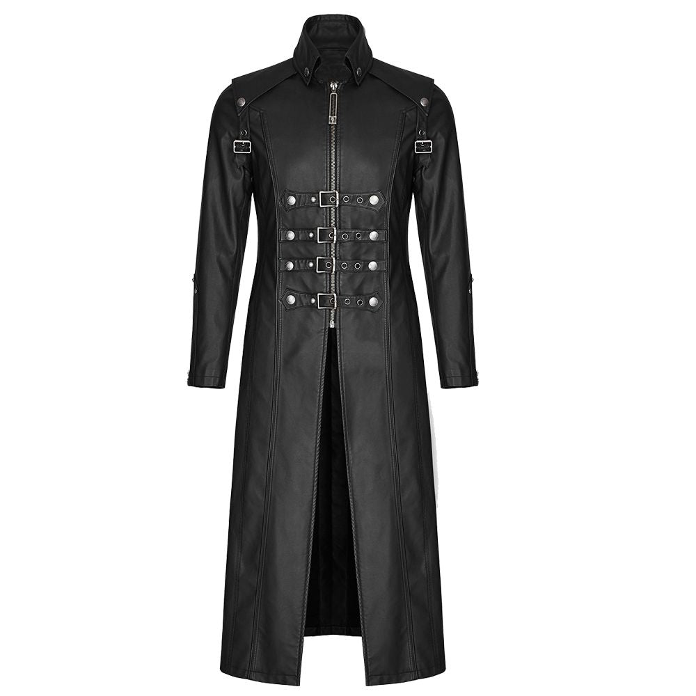 Men Long Black Gothic Coat | Faux Leather Steampunk Rock Trench with Straps & Zipper
