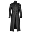 Men Long Black Gothic Coat | Faux Leather Steampunk Rock Trench with Straps & Zipper