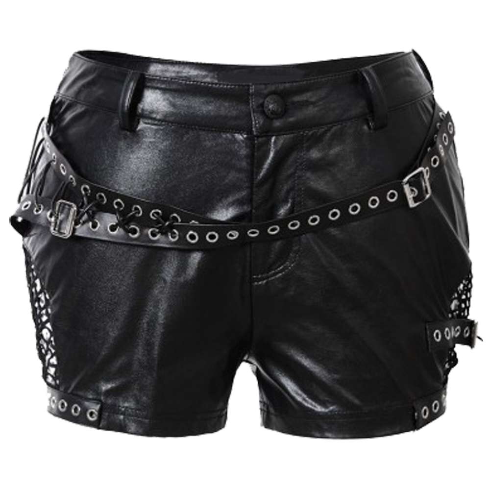 Women Buckle Belt Short Black Gothic Punk PU Leather Shorts | Rivet &amp; Net Detail