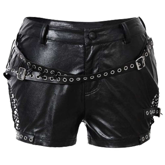 Women Buckle Belt Short Black Gothic Punk PU Leather Shorts | Rivet &amp; Net Detail