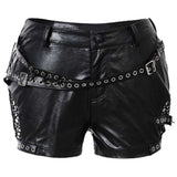 Women Buckle Belt Short Black Gothic Punk PU Leather Shorts | Rivet &amp; Net Detail