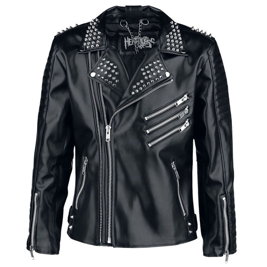 Men Gothic Silver Studded Biker Jacket | Black Punk Brando Leather Jacket with Buckles & Pockets