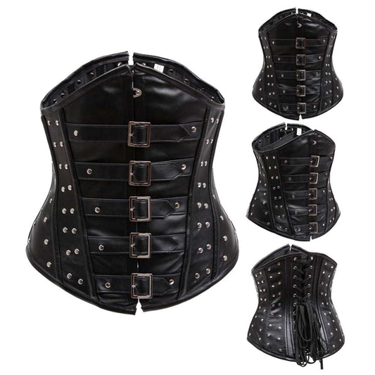 Women Black Leather Waist Slimming Corset | Steel Boned Gothic Shaper