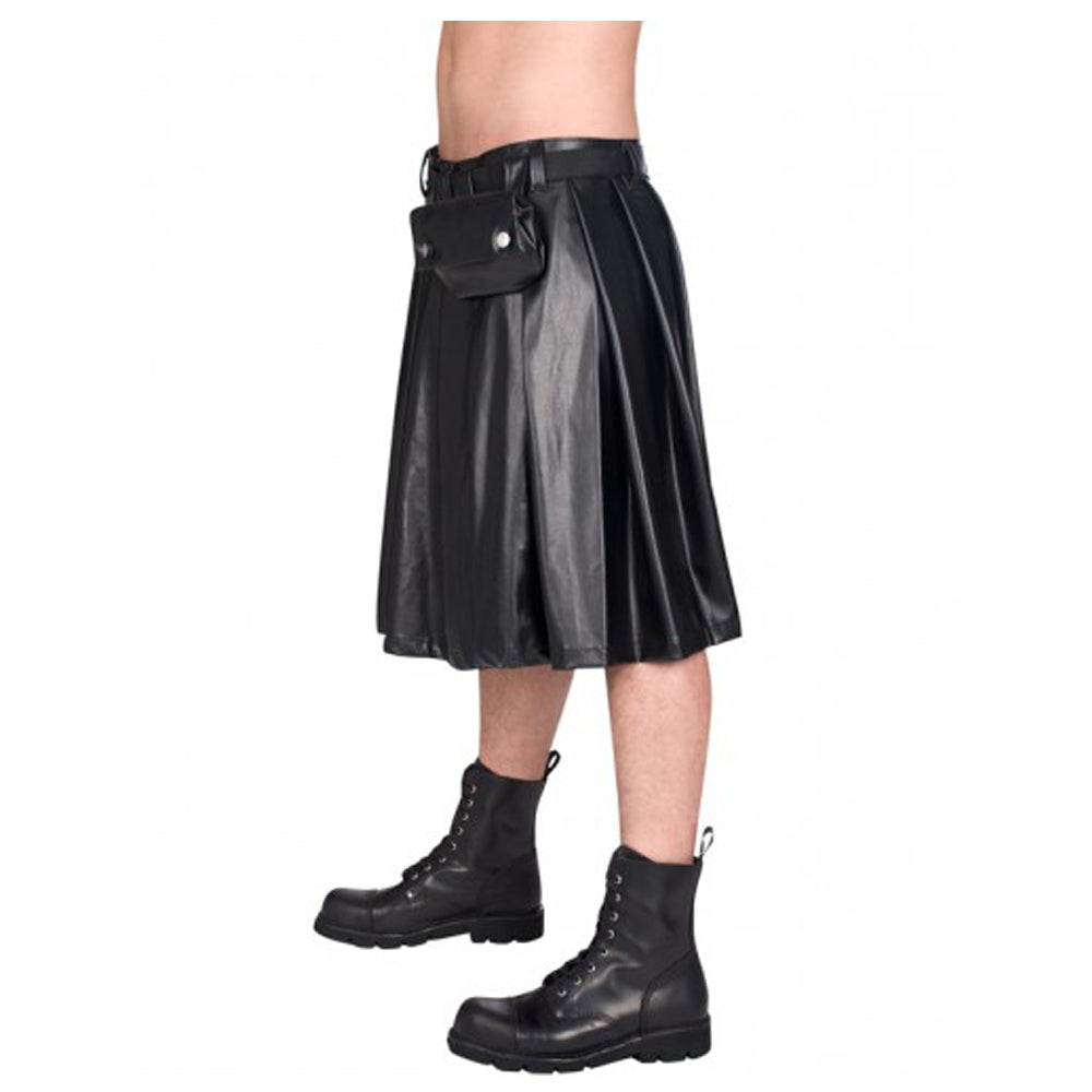 Men Black Sky Short Faux Leather Kilt | Gothic Festival Kilt with Side Pockets & Hardware