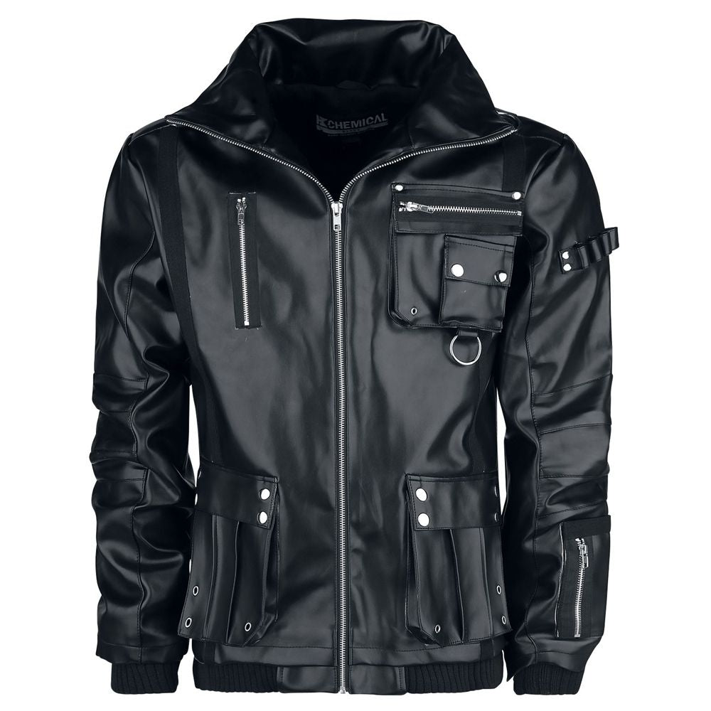 Men Arsen Black PU Leather Jacket | Multi-Pocket Design with Metal Studs & Thumb Holes