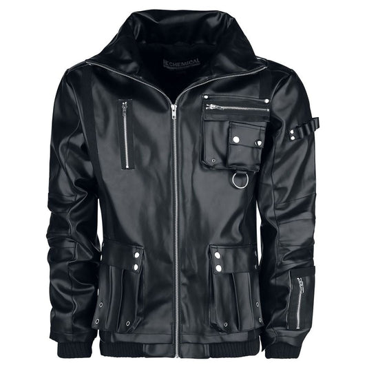 Men Arsen Black PU Leather Jacket | Multi-Pocket Design with Metal Studs & Thumb Holes