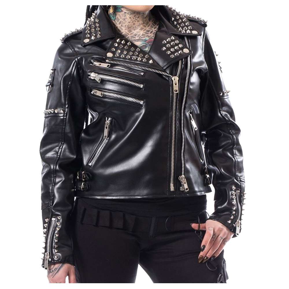 Women Gothic Biker Studded Jacket | EMO Punk Genuine Leather Spiked Shoulder Jacket