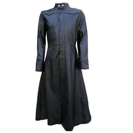 Neo Matrix Long Leather Trench Coat | Keanu Reeves Inspired Goth Full-Length Black Coat