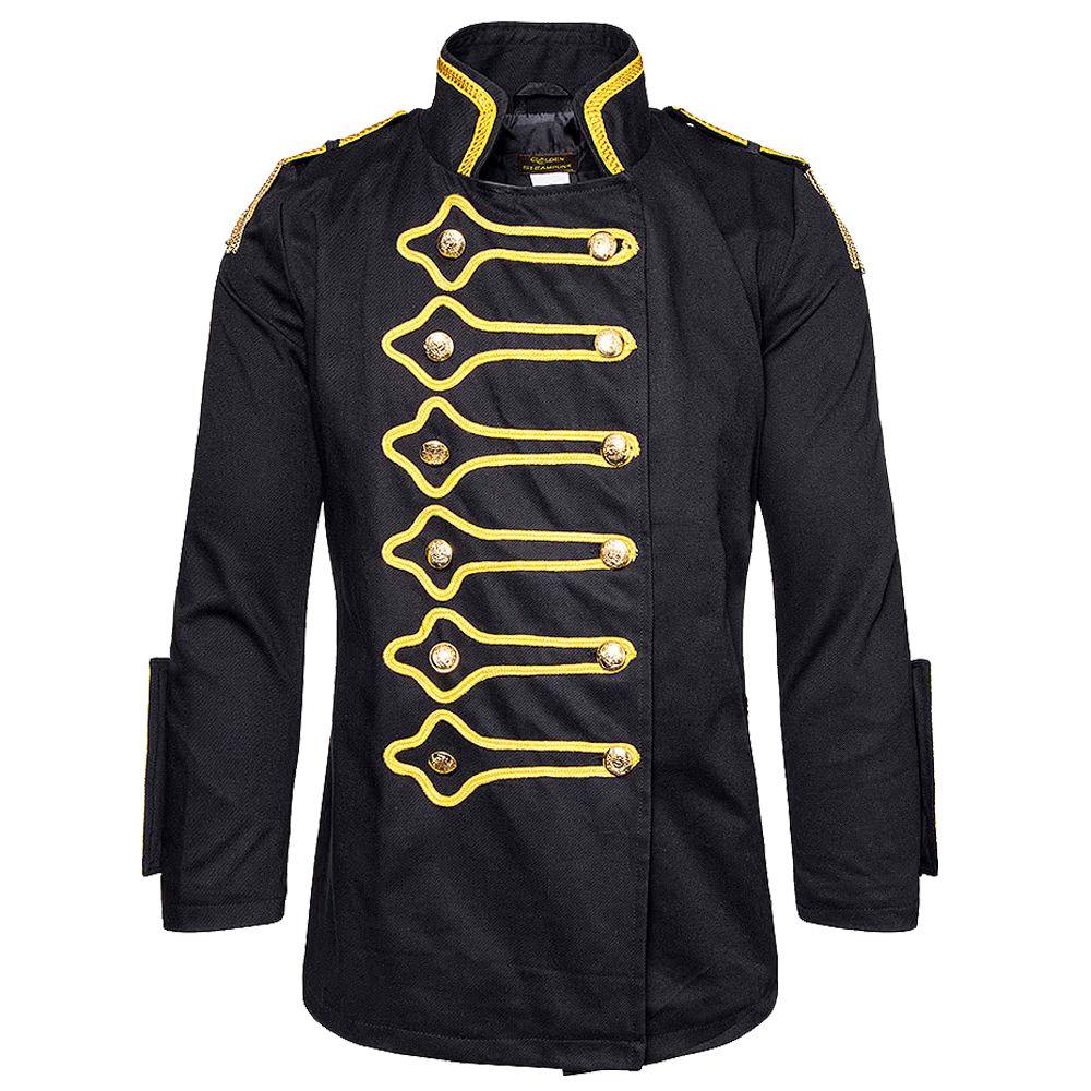 Men Golden Lining Drummer Gothic Jacket | Steampunk Black Hussar Parade Coat