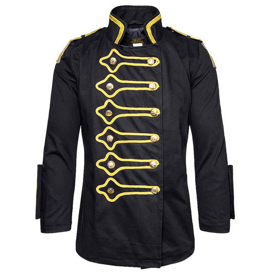 Men Golden Lining Drummer Gothic Jacket | Steampunk Black Hussar Parade Coat