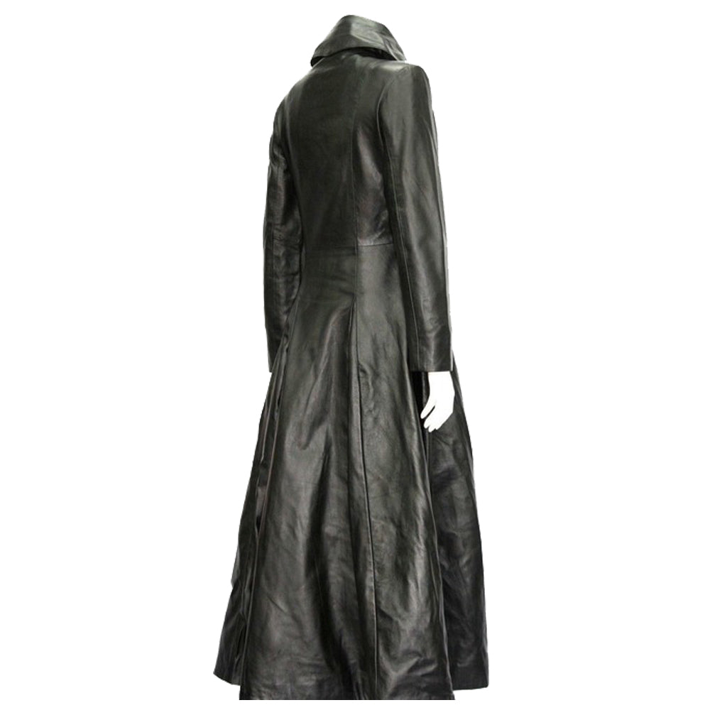 Gothic Attitude Women Full Length Midnight Black Leather Club Coat | Nappa Goth Long Jacket