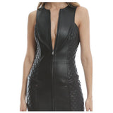 Women Genuine Leather Sexy Black Zip Front Dress | Quilted Leather Mini Sleeveless Dress
