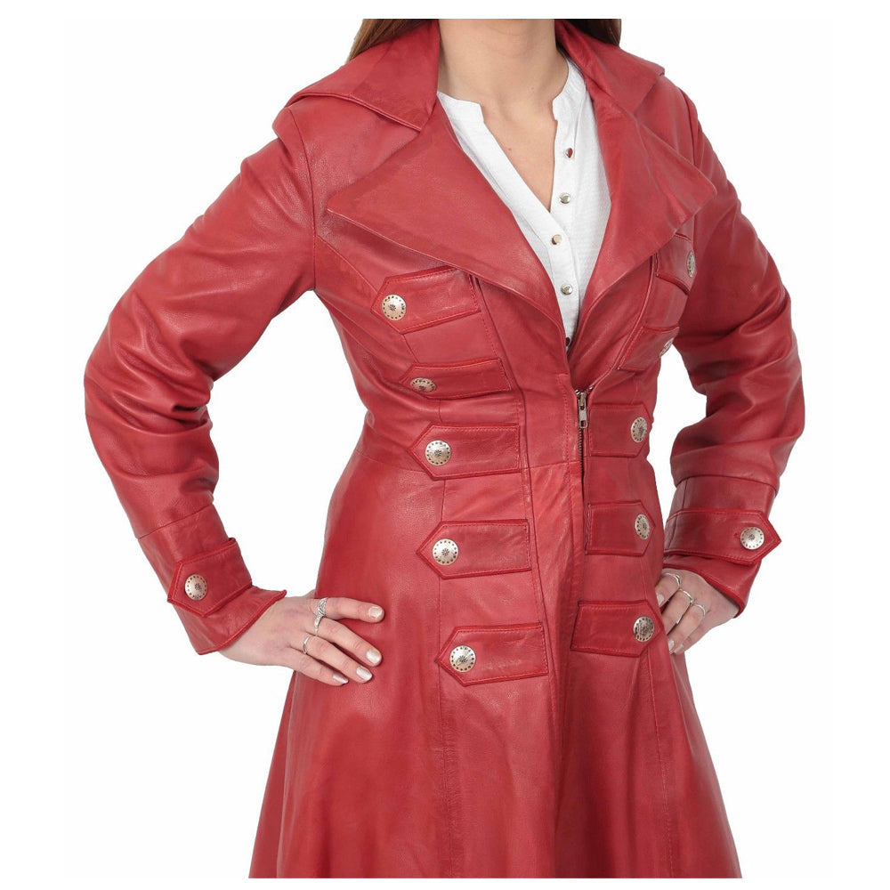 Women Red Leather Military Trench Coat | Real Gothic Full-Length Outerwear