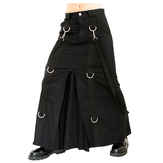 Aderlass Floor-Length Chain Kilt | Men Gothic Denim Skirt with Bondage Straps & D-Rings