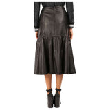 Women Black Faux Leather Midi Skirt | Gothic Ruffled Hem High-Waist Skirt