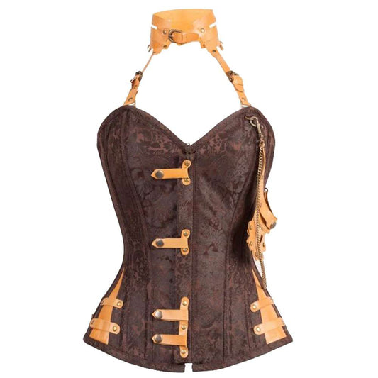 Women Hall Brown Steampunk Corset | Attached Neck Gear Overbust Corset
