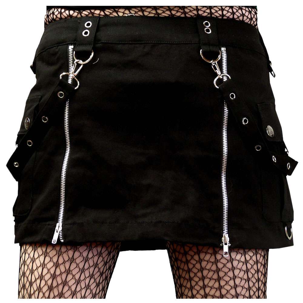 Women Gothic Mini Skirt with Double Zippers | Black Bondage Skirt with Straps & Pouches
