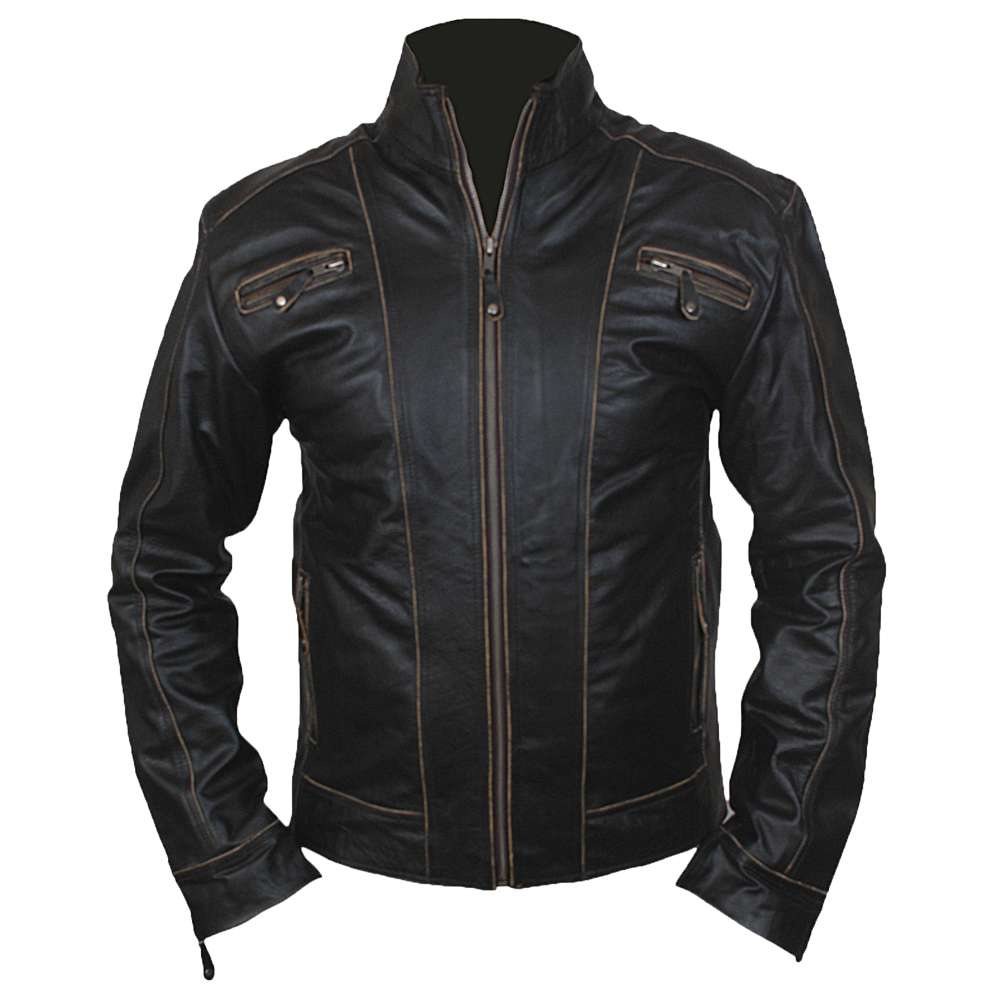 Men Designer Black Leather Motorcycle Jacket | Tailored Fit with Zip Pockets & Panel Stitching