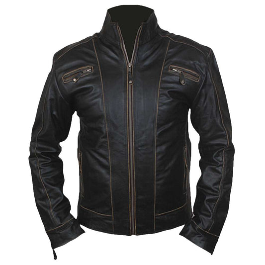 Men Designer Black Leather Motorcycle Jacket | Tailored Fit with Zip Pockets & Panel Stitching