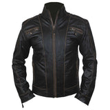 Men Designer Black Leather Motorcycle Jacket | Tailored Fit with Zip Pockets & Panel Stitching