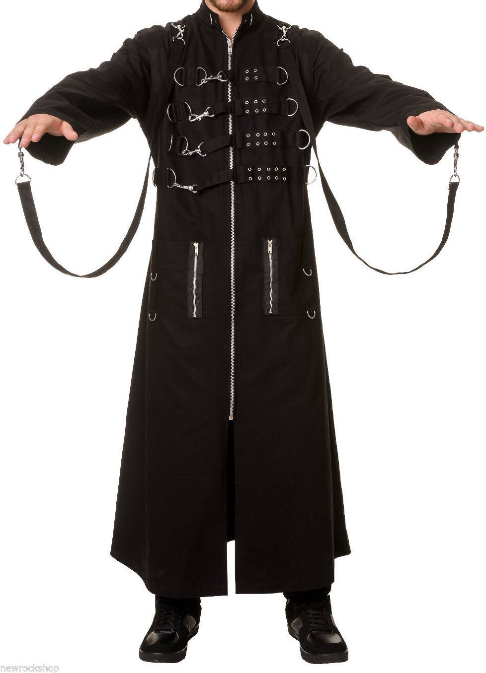 Men Gothic Black Trench Coat with Harness Straps | 4-in-1 Transformable Punk Statement Piece