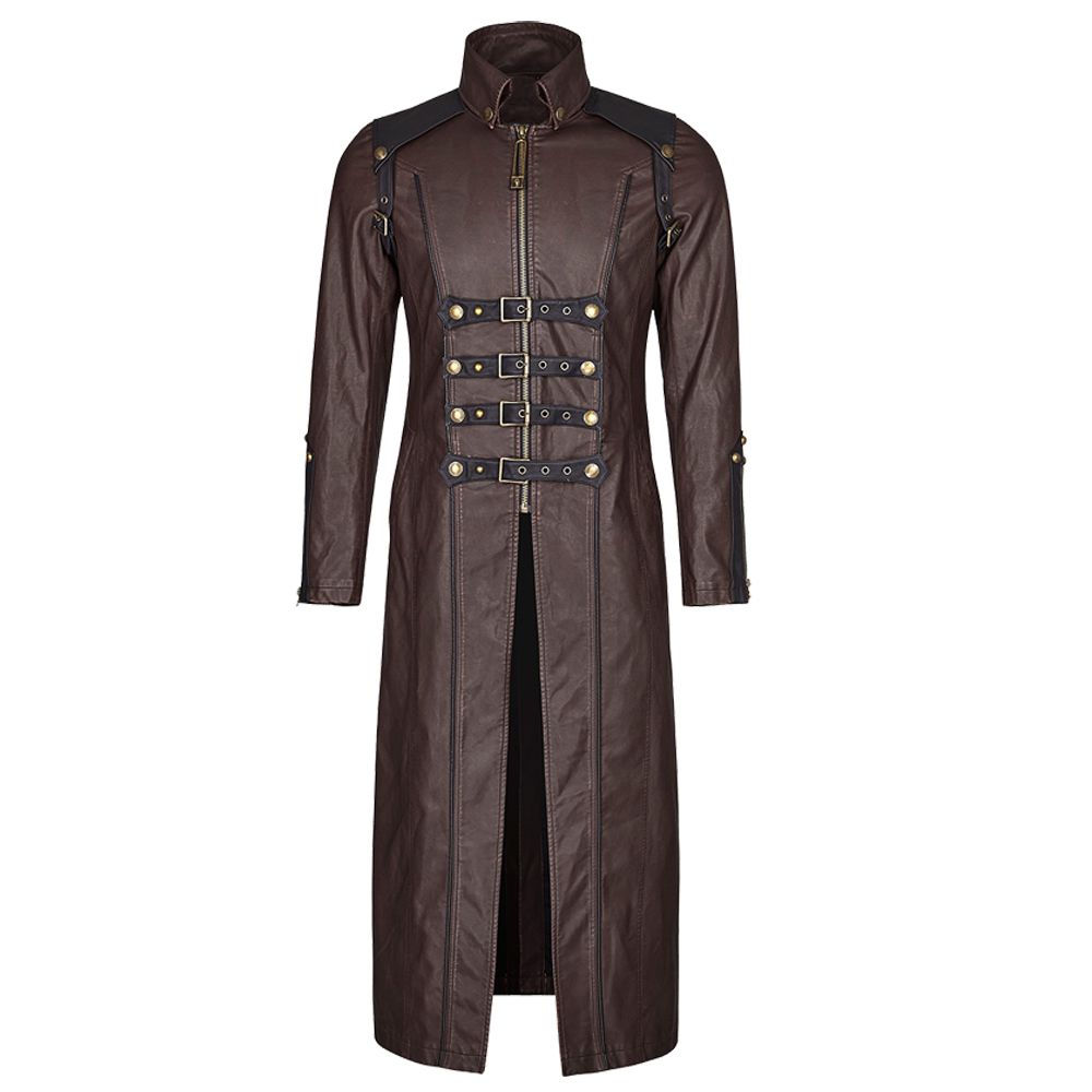 Men Long Black Gothic Coat | Faux Leather Steampunk Rock Trench with Straps & Zipper