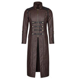 Men Long Black Gothic Coat | Faux Leather Steampunk Rock Trench with Straps & Zipper