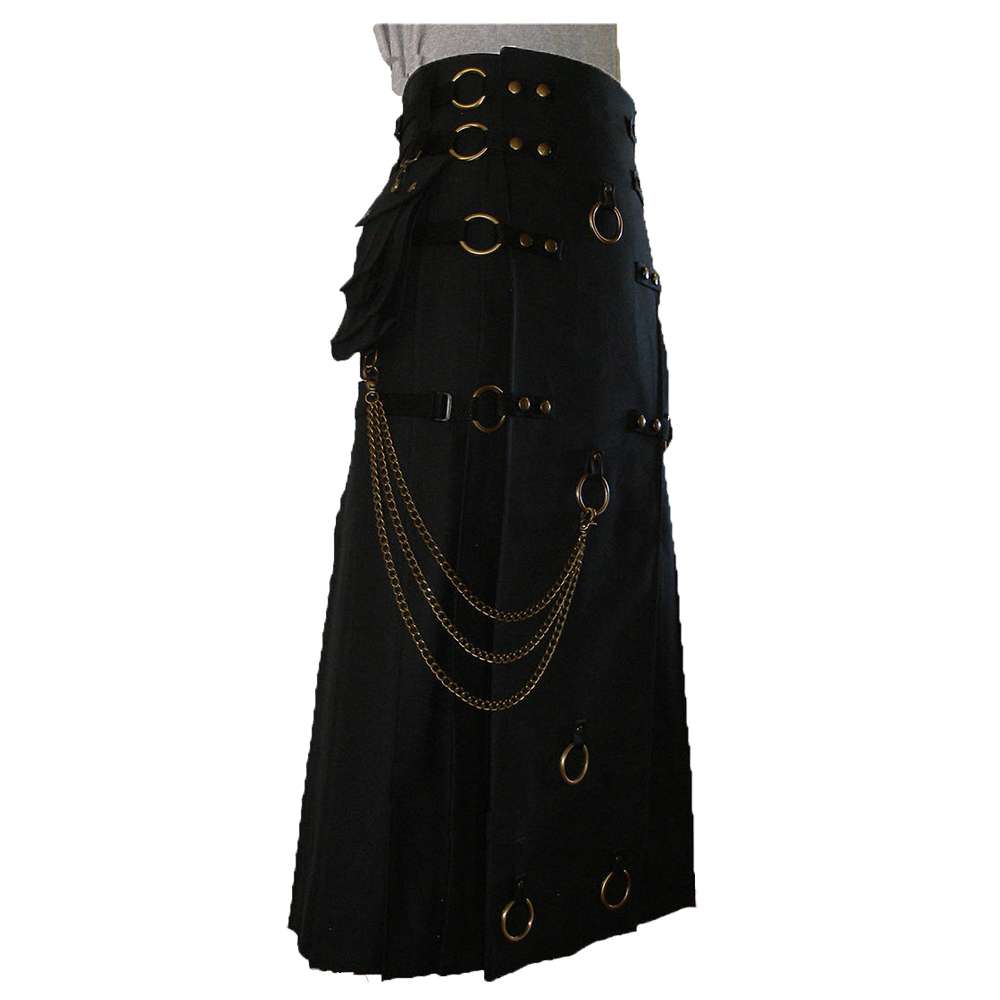 Long Black Gothic Cotton Utility Kilt | Steampunk Design with Leather Straps & Chains