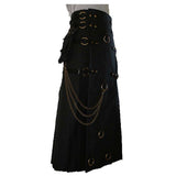 Long Black Gothic Cotton Utility Kilt | Steampunk Design with Leather Straps & Chains