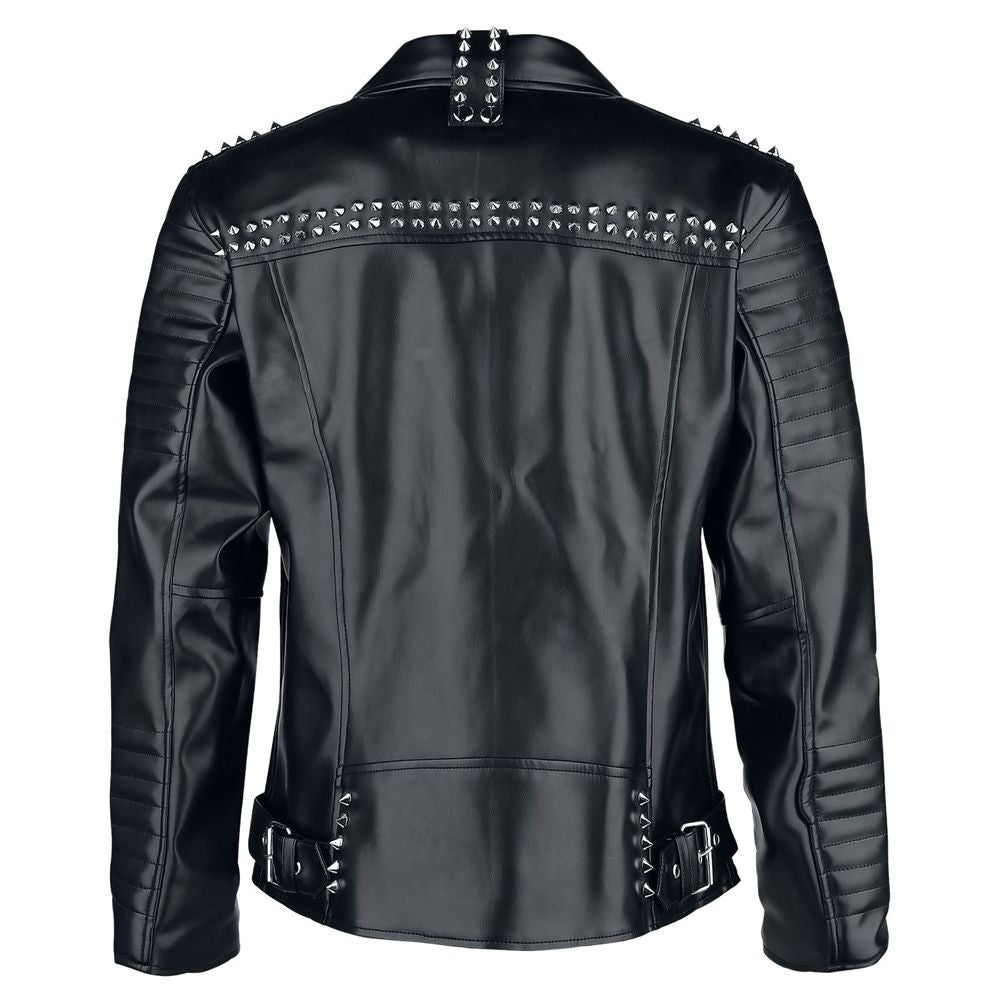 Men Gothic Silver Studded Biker Jacket | Black Punk Brando Leather Jacket with Buckles & Pockets
