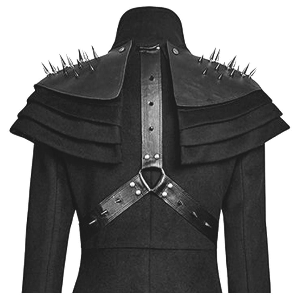 Women Gothic Long Black Coat with Spiked Shoulders | Steampunk Punk Rivet Trench Coat