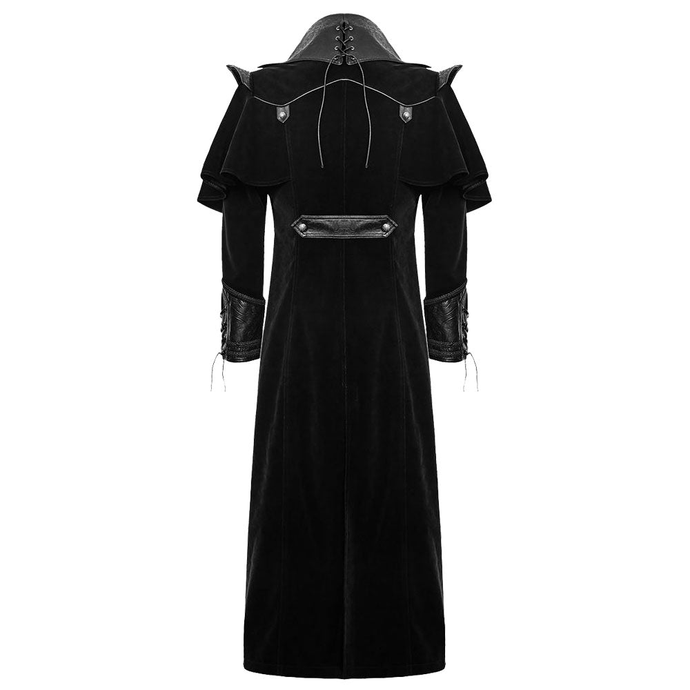 Men Gothic Steampunk VTG Highwayman Long Coat | Black Twill Trench with Faux Leather Cape & Straps