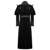 Men Gothic Steampunk VTG Highwayman Long Coat | Black Twill Trench with Faux Leather Cape & Straps