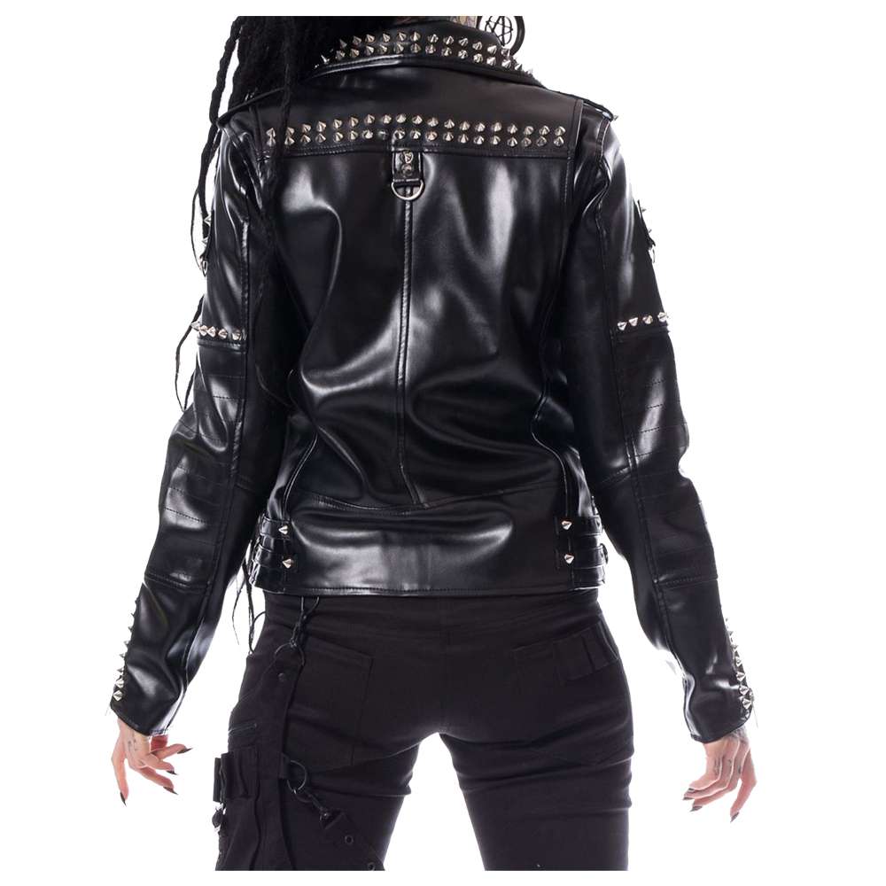 Women Gothic Biker Studded Jacket | EMO Punk Genuine Leather Spiked Shoulder Jacket