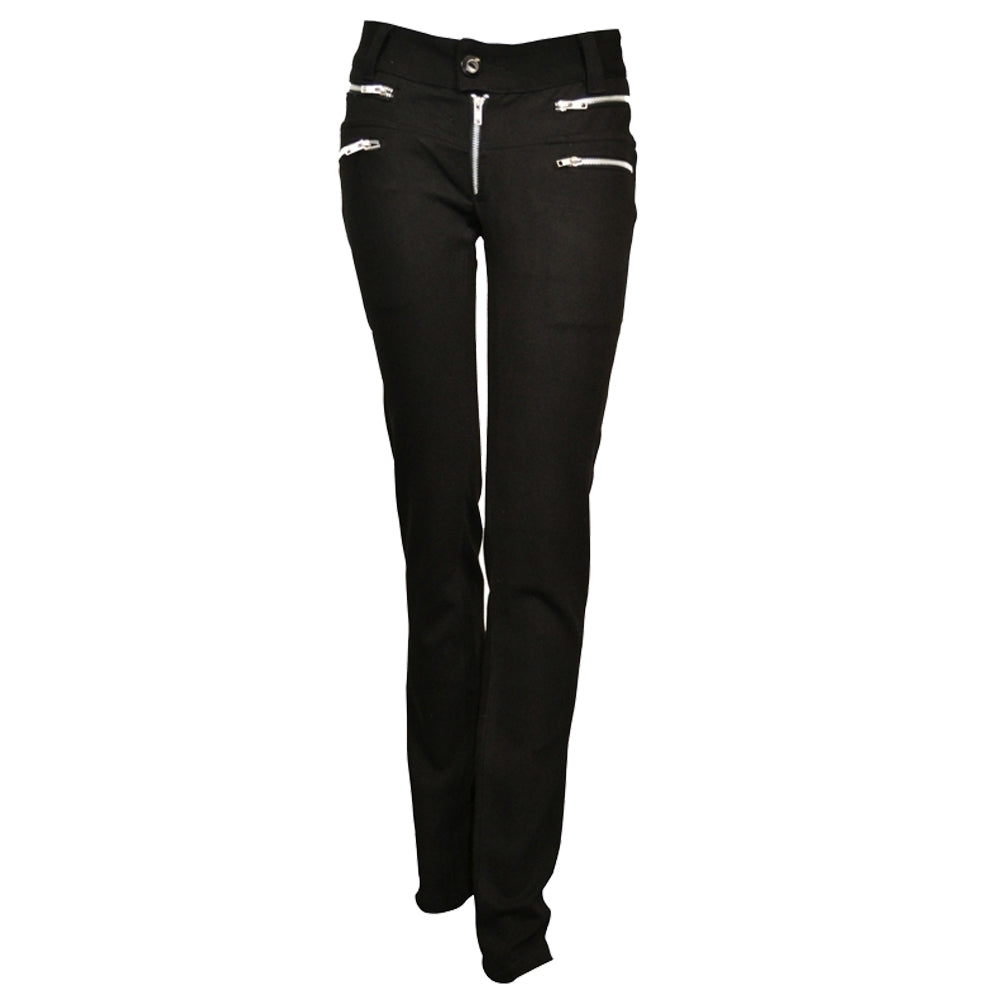 Women Elastic Skinny Goth Pants | Black Zipper Detail Trousers with Metal Ring Accent