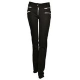 Women Elastic Skinny Goth Pants | Black Zipper Detail Trousers with Metal Ring Accent