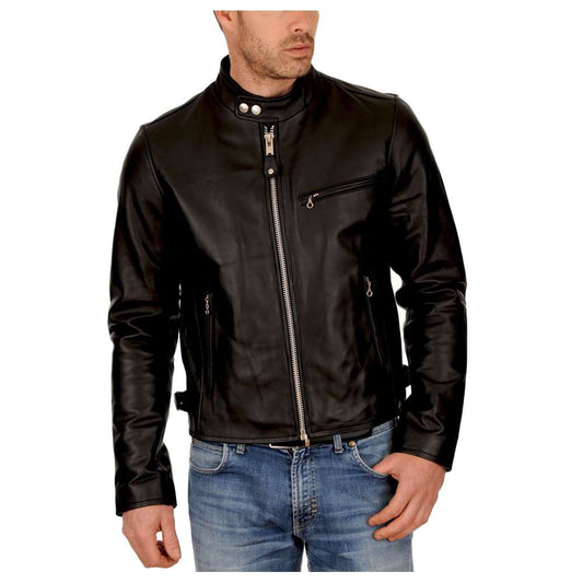 Men Slim Fit Cowhide Leather Biker Jacket | Classic Motorcycle Riding Coat