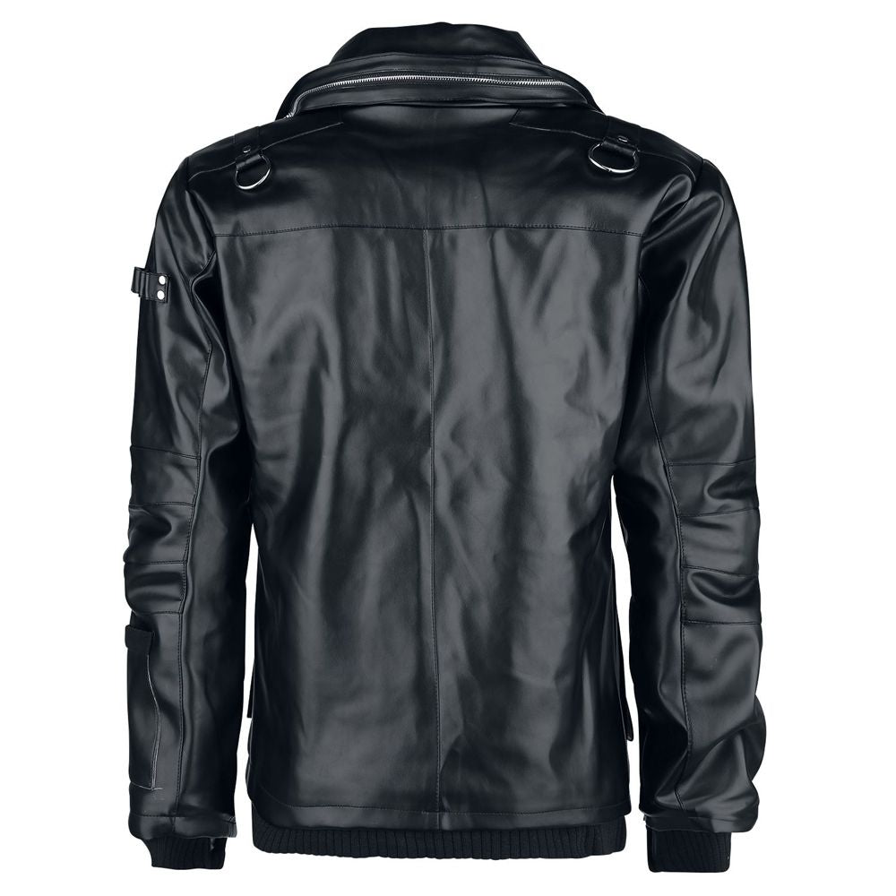 Men Arsen Black PU Leather Jacket | Multi-Pocket Design with Metal Studs & Thumb Holes
