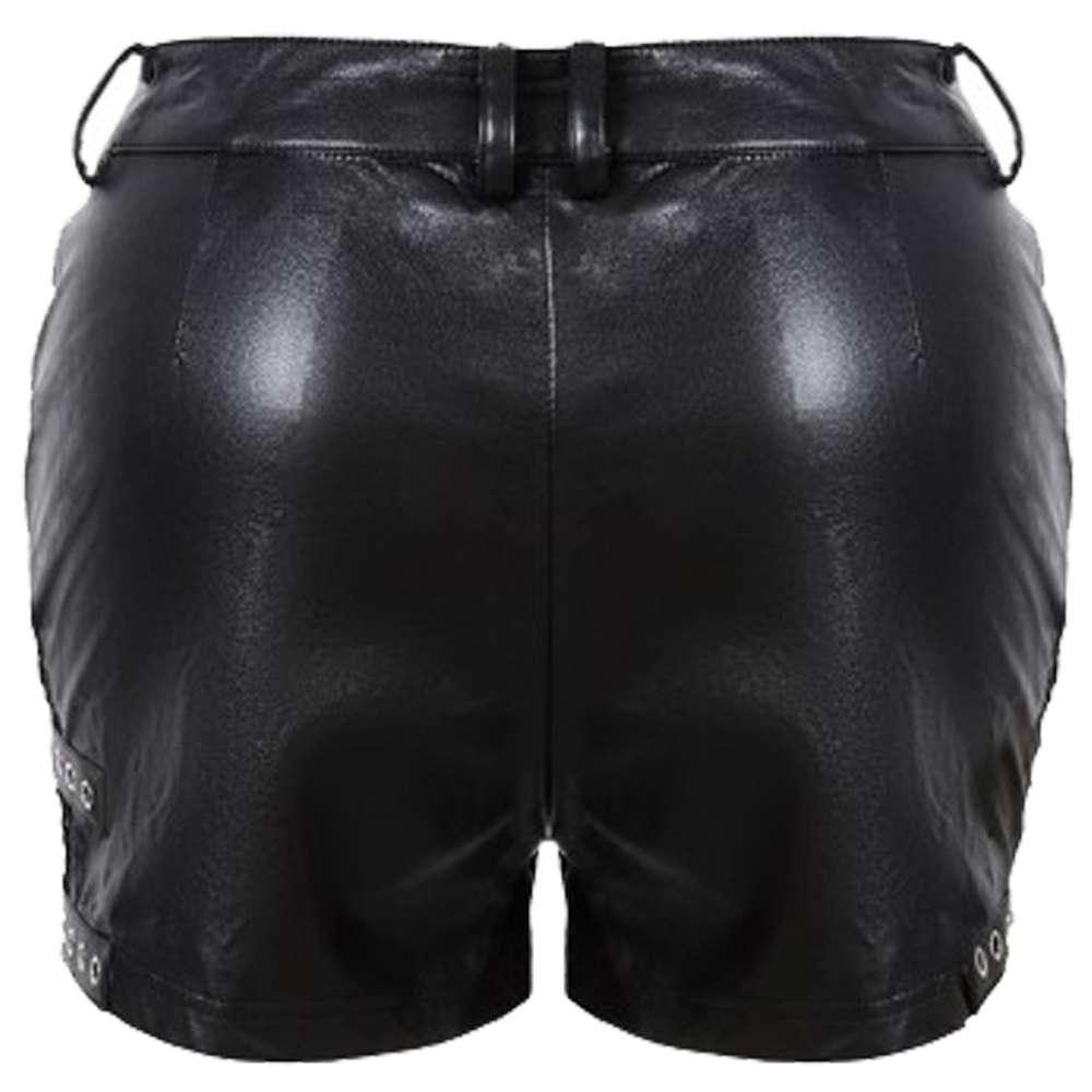 Women Buckle Belt Short Black Gothic Punk PU Leather Shorts | Rivet &amp; Net Detail
