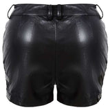 Women Buckle Belt Short Black Gothic Punk PU Leather Shorts | Rivet &amp; Net Detail