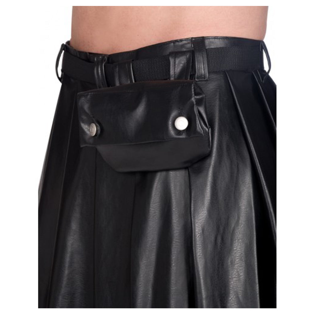 Men Black Sky Short Faux Leather Kilt | Gothic Festival Kilt with Side Pockets & Hardware