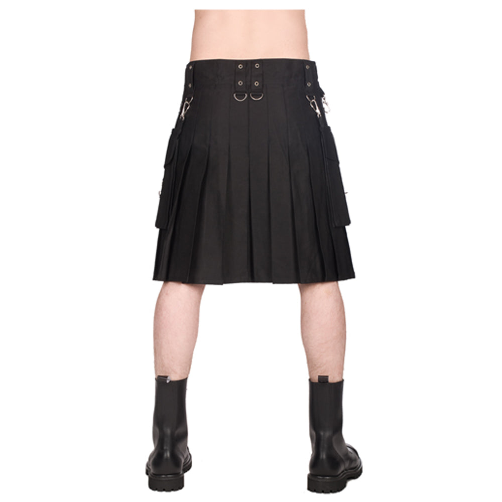 Men Union Pistol Snap Kilt | Black Cotton Punk Rock Skirt with Removable Festival Pockets